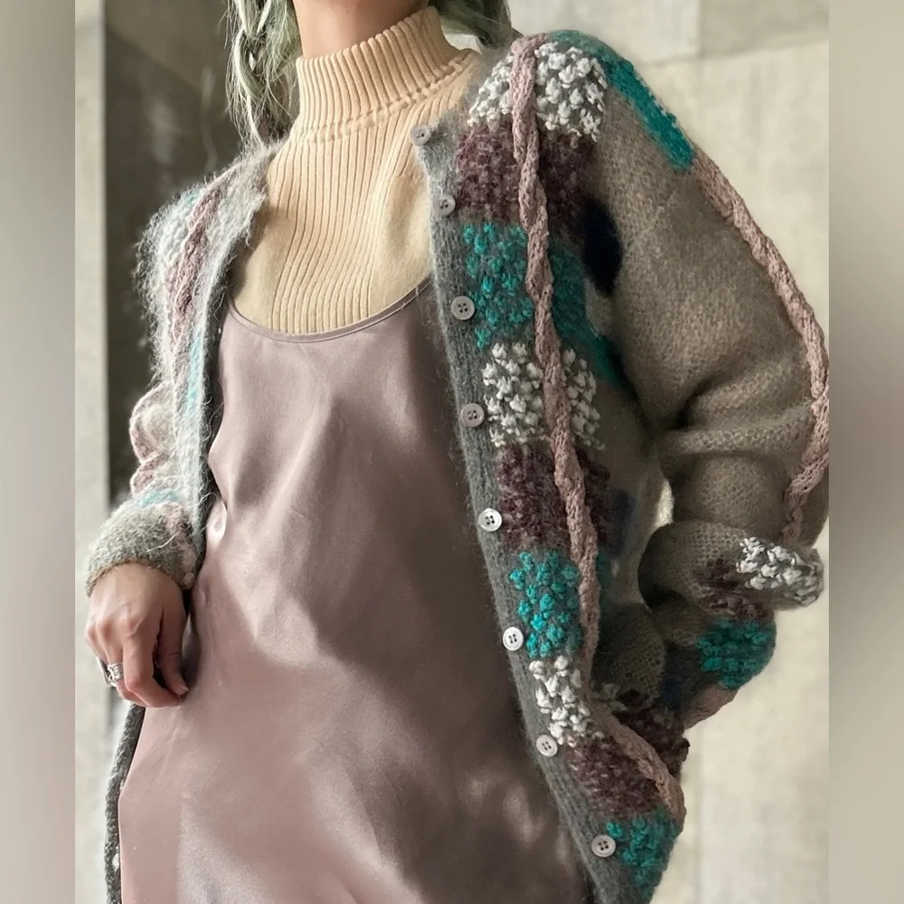 Vintage Cozy Multicolor Knit Wool Cardigan - Picture 1 of 9